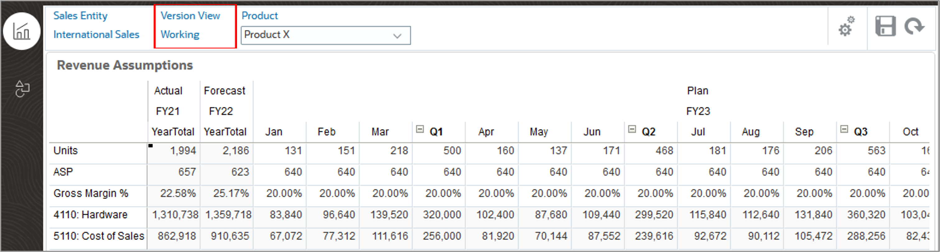 Product Revenue Plan page